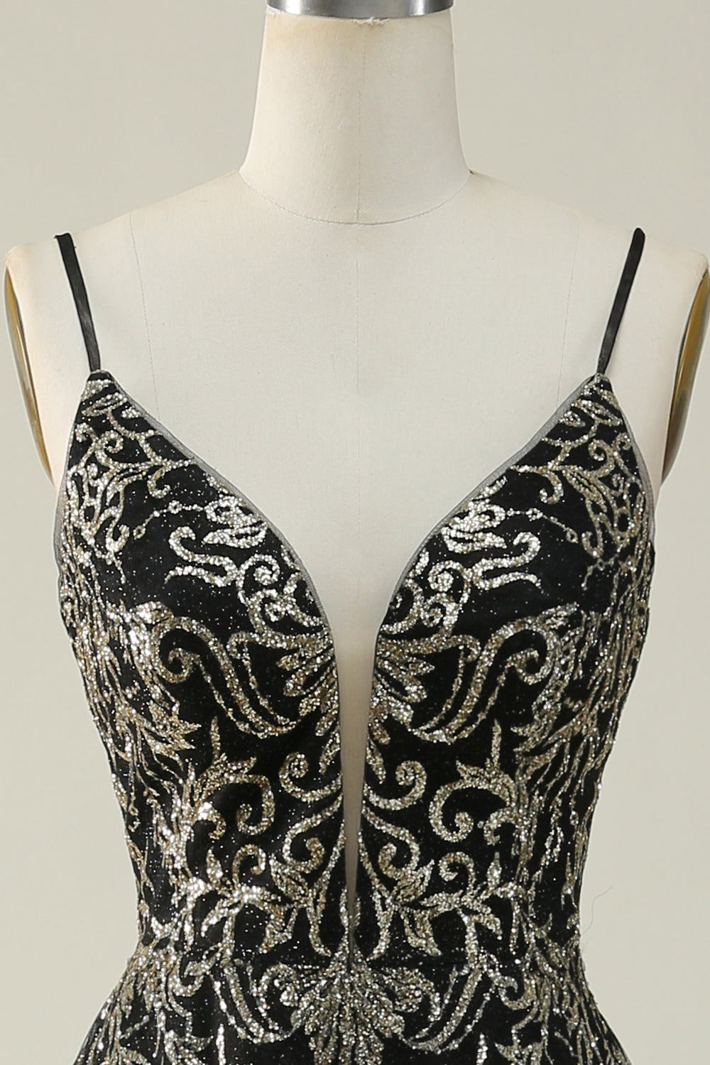 Black Golden Spaghetti Straps Backless Long Ball Dress