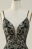 Black Golden Spaghetti Straps Backless Long Ball Dress