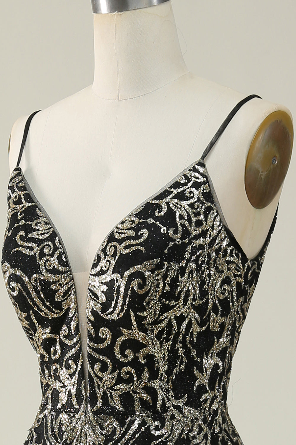 Black Golden Spaghetti Straps Backless Long Ball Dress