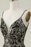 Black Golden Spaghetti Straps Backless Long Ball Dress