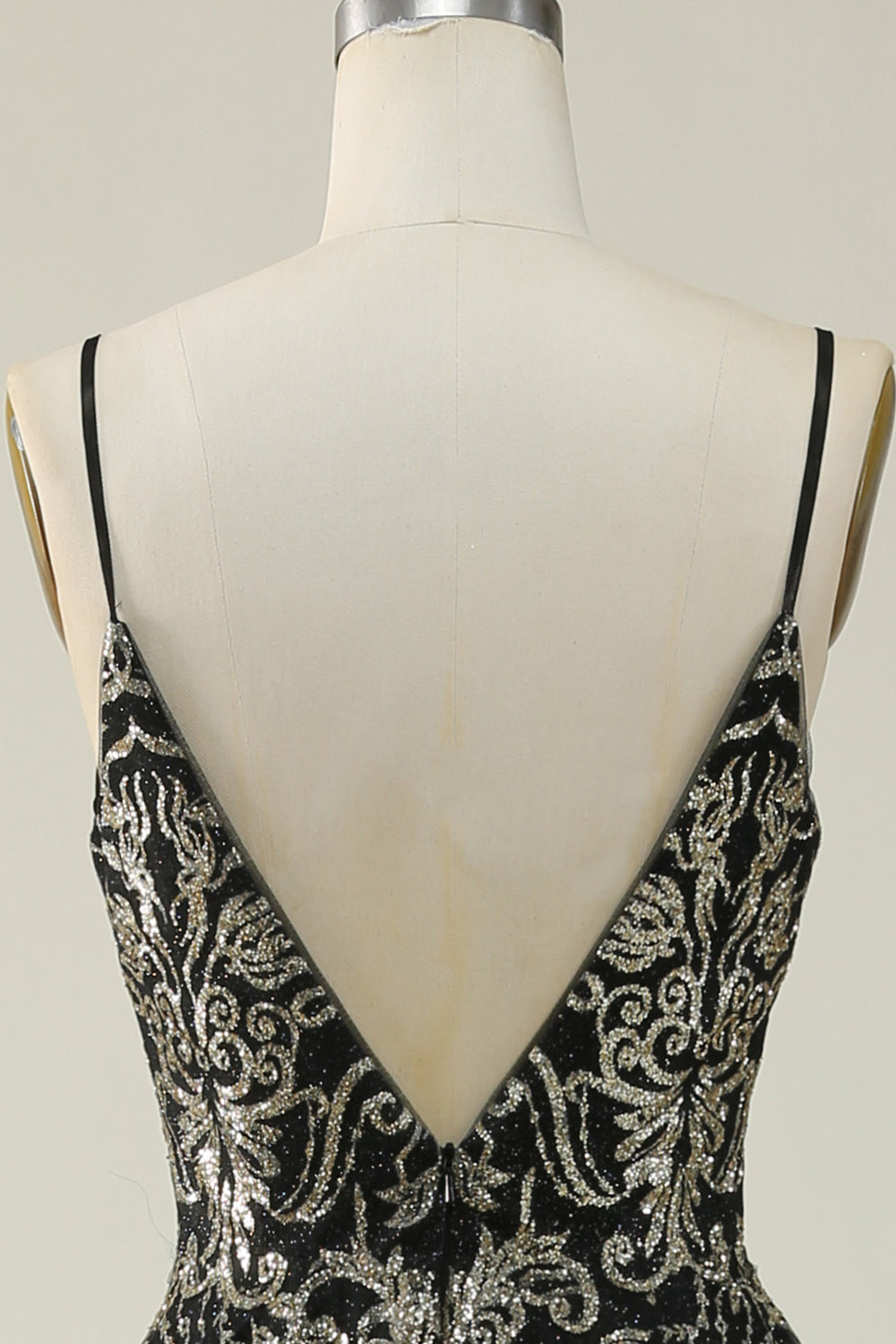 Black Golden Spaghetti Straps Backless Long Ball Dress