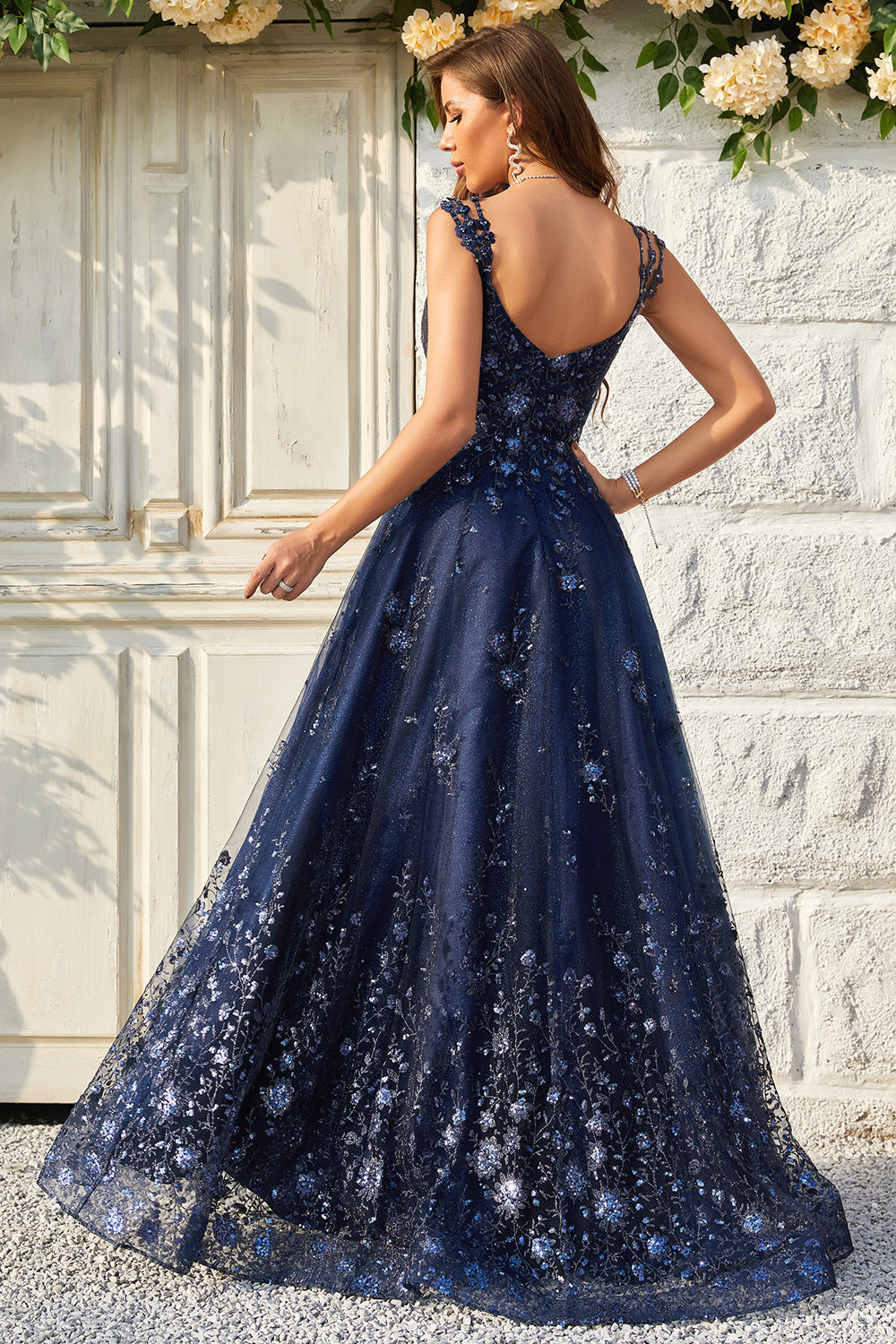 A Line Off the Shoulder Navy Long Ball Dress with Appliques