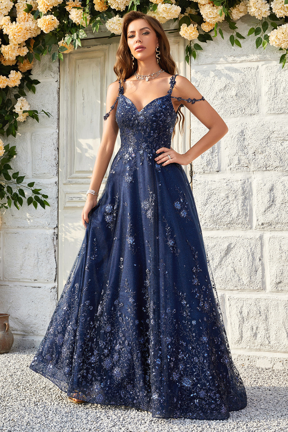 A Line Off the Shoulder Navy Long Ball Dress with Appliques
