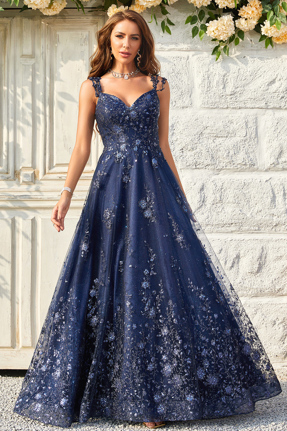 A Line Off the Shoulder Navy Long Ball Dress with Appliques