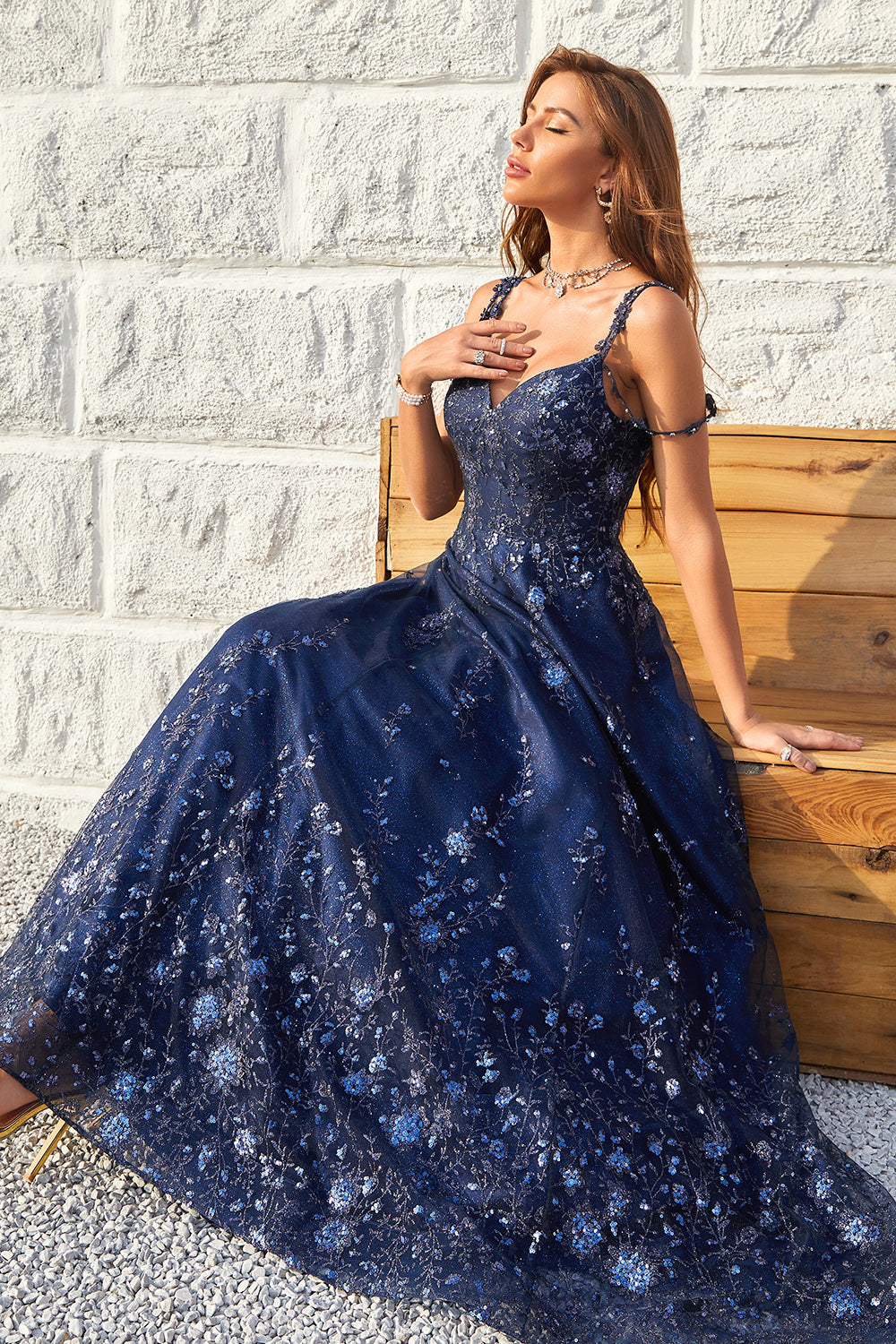 A Line Off the Shoulder Navy Long Ball Dress with Appliques