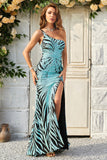 Mermaid One Shoulder Green Sequins Long Ball Dress with Split Front