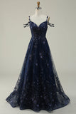 Navy A Line Cold Shoulder Long Ball Dress