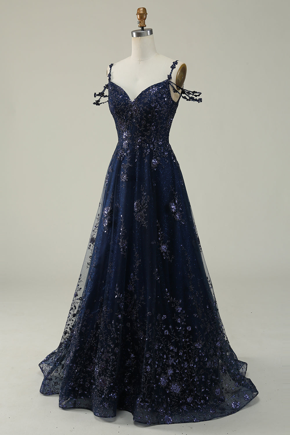 Navy A Line Cold Shoulder Long Ball Dress