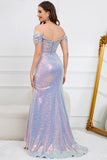 Sparkly Mermaid Off The Shoulder Purple Long Ball Dress with Slit