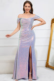 Sparkly Mermaid Off The Shoulder Purple Long Ball Dress with Slit