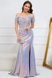 Sparkly Mermaid Off The Shoulder Purple Long Ball Dress with Slit
