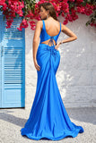 Mermaid Spaghetti Straps Blue Long Ball Dress with Open Back