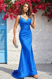Mermaid Spaghetti Straps Blue Long Ball Dress with Open Back