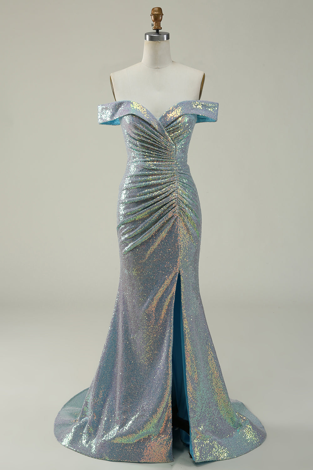 Mermaid Blue Sparkly Off the Shoulder Ball Dress With Slit