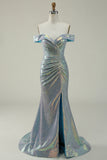 Mermaid Blue Sparkly Off the Shoulder Ball Dress With Slit