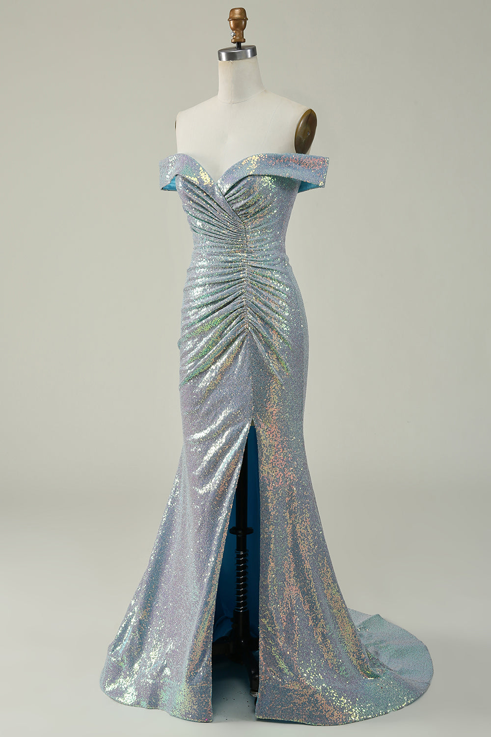 Mermaid Blue Sparkly Off the Shoulder Ball Dress With Slit