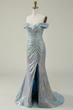 Mermaid Blue Sparkly Off the Shoulder Ball Dress With Slit