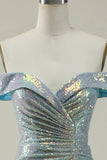Mermaid Blue Sparkly Off the Shoulder Ball Dress With Slit