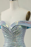 Mermaid Blue Sparkly Off the Shoulder Ball Dress With Slit