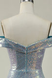 Mermaid Blue Sparkly Off the Shoulder Ball Dress With Slit