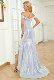 Mermaid Off the Shoulder Blue Sequins Long Ball Dress with Split Front