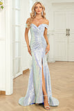 Mermaid Off the Shoulder Blue Sequins Long Ball Dress with Split Front