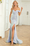 Mermaid Off the Shoulder Blue Sequins Long Ball Dress with Split Front
