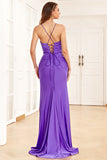 Purple Mermaid Spaghetti Straps Ball Dress with Slit