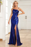 Mermaid Spaghetti Straps Navy Long Ball Dress with Split Front