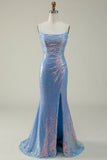 Blue Sequined Spaghetti Straps Mermaid Ball Dress