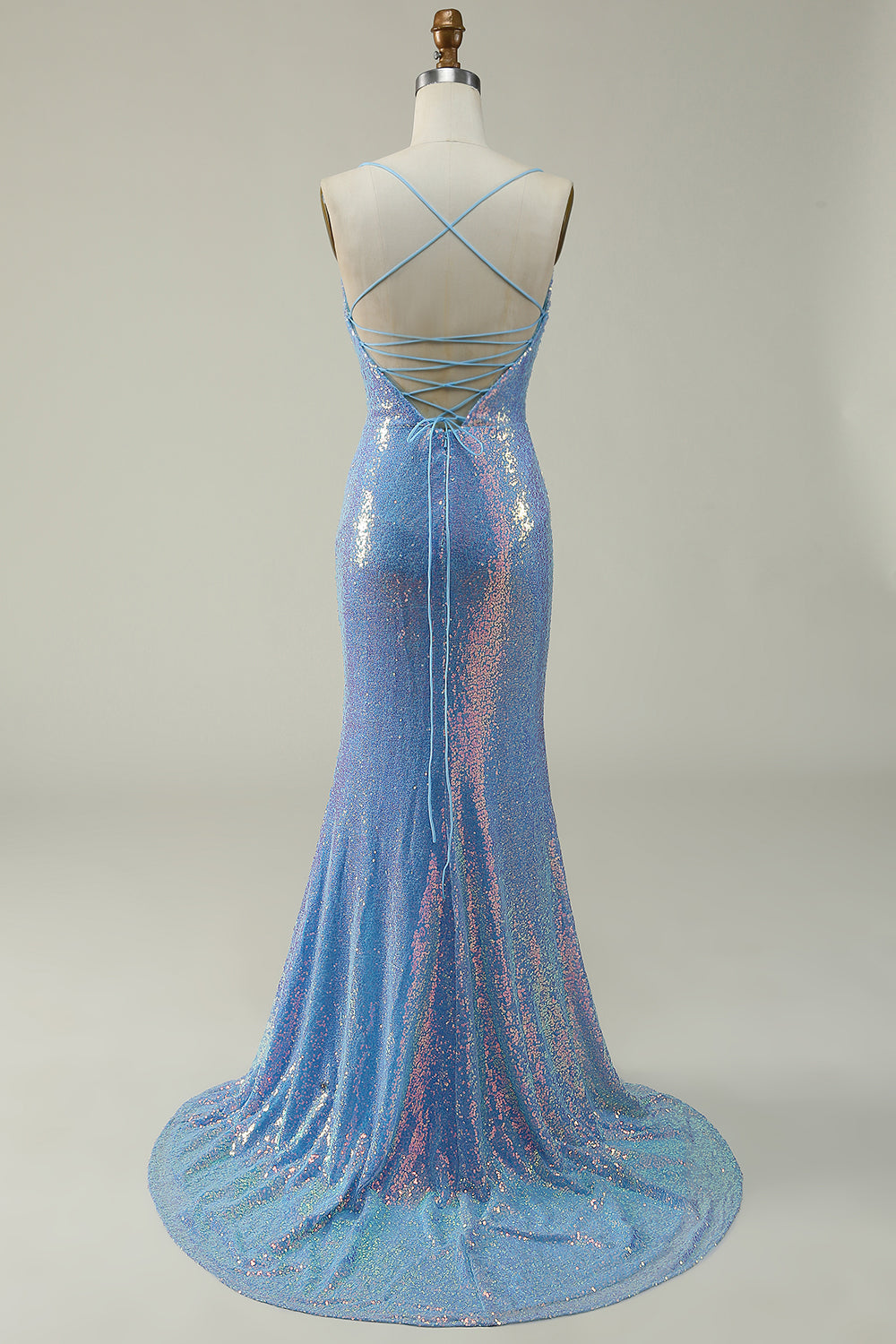 Blue Sequined Spaghetti Straps Mermaid Ball Dress