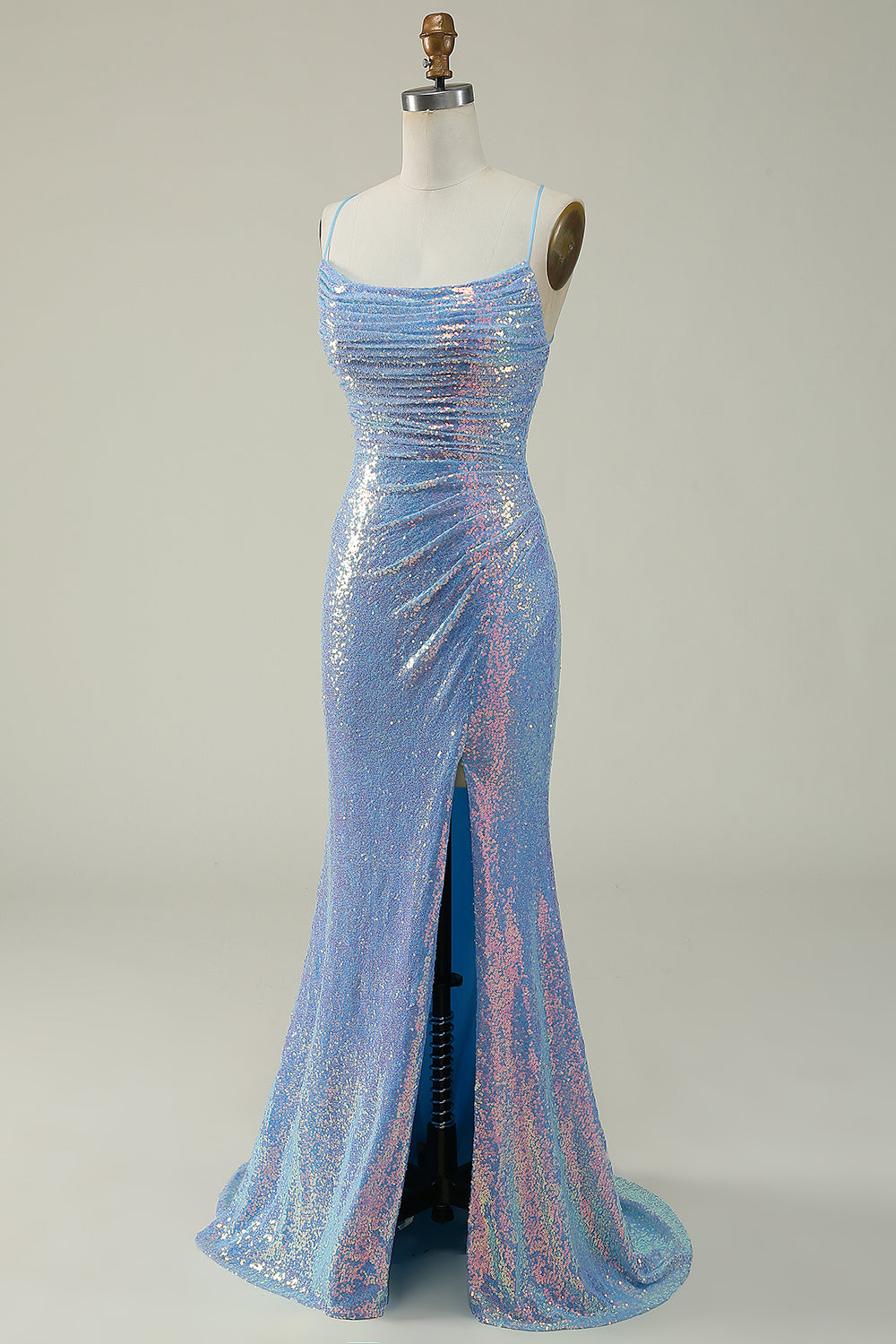 Blue Sequined Spaghetti Straps Mermaid Ball Dress