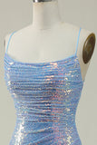 Blue Sequined Spaghetti Straps Mermaid Ball Dress