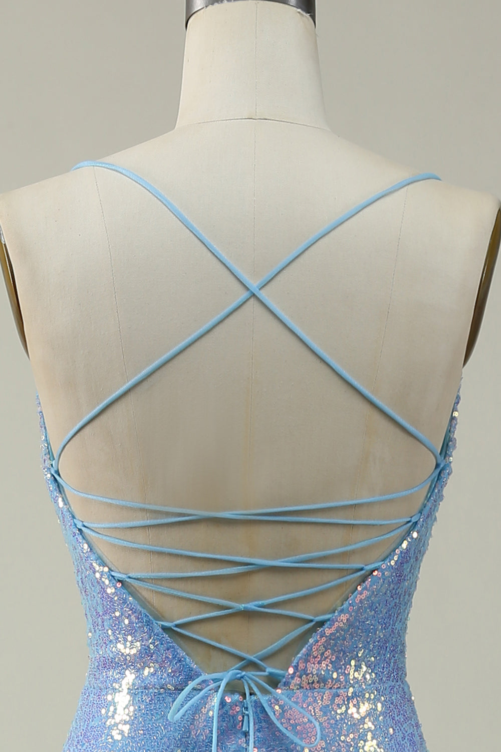 Blue Sequined Spaghetti Straps Mermaid Ball Dress