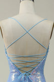 Blue Sequined Spaghetti Straps Mermaid Ball Dress