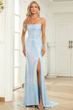 Mermaid Spaghetti Straps Blue Sequins Long Ball Dress with Split Front
