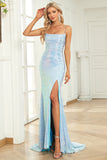 Mermaid Spaghetti Straps Blue Sequins Long Ball Dress with Split Front