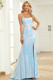 Mermaid Spaghetti Straps Blue Sequins Long Ball Dress with Split Front