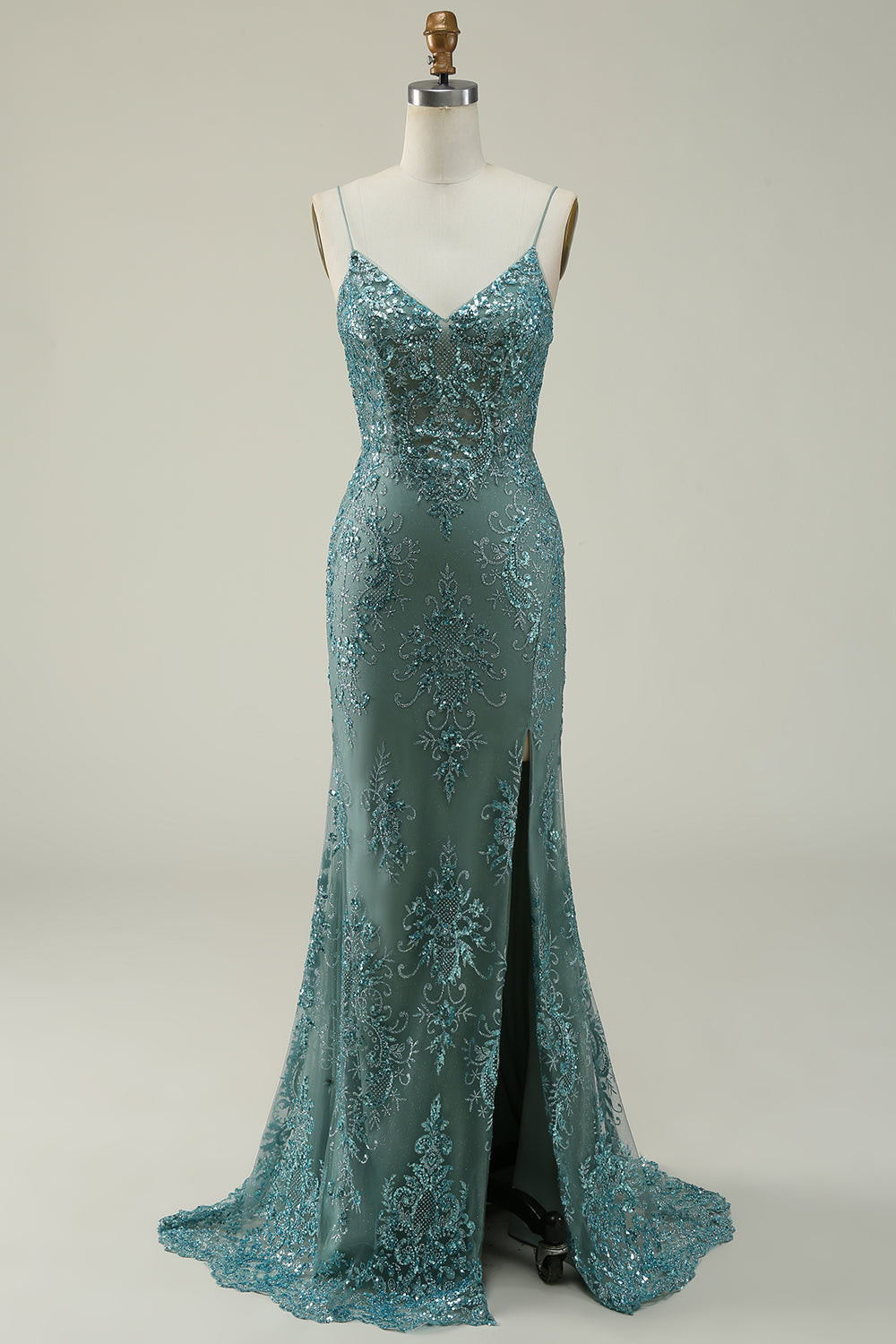 Mermaid Spaghetti Straps Green Long Ball Dress with Split Front