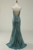 Mermaid Spaghetti Straps Green Long Ball Dress with Split Front