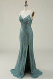 Mermaid Spaghetti Straps Green Long Ball Dress with Split Front