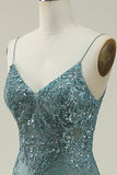 Mermaid Spaghetti Straps Green Long Ball Dress with Split Front