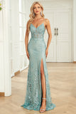 Mermaid Spaghetti Straps Green Long Ball Dress with Criss Cross Back