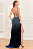 Navy Beading Spaghetti Straps Ball Dress with Slit