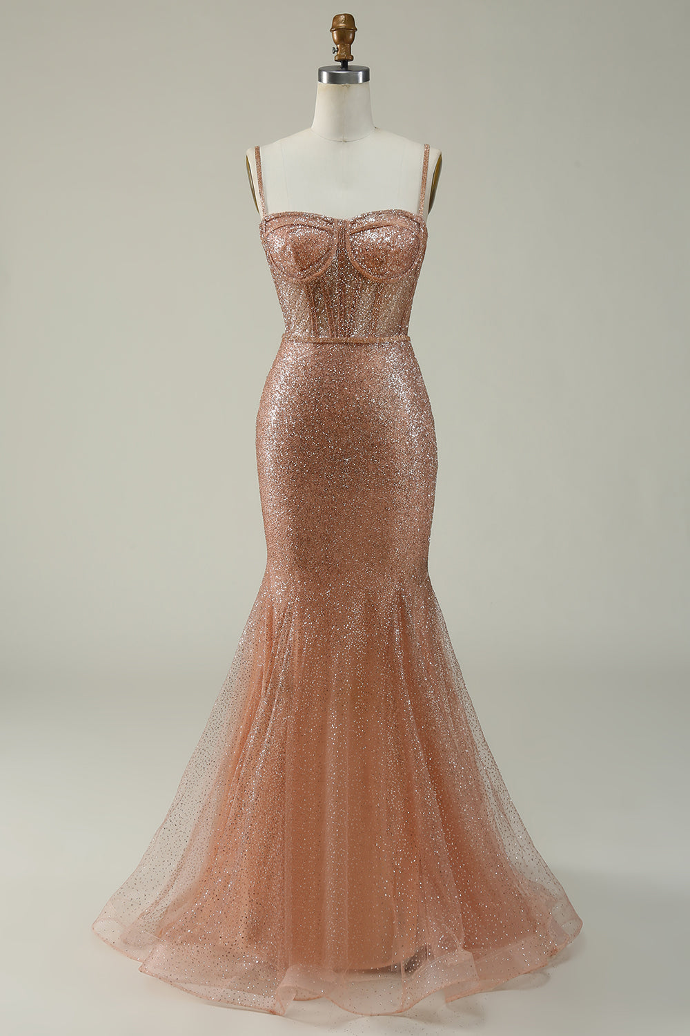Mermaid Spaghetti Straps Blush Sequins Long Ball Dress