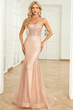 Mermaid Spaghetti Straps Blush Sequins Long Ball Dress with Train