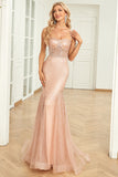 Mermaid Spaghetti Straps Blush Sequins Long Ball Dress with Train