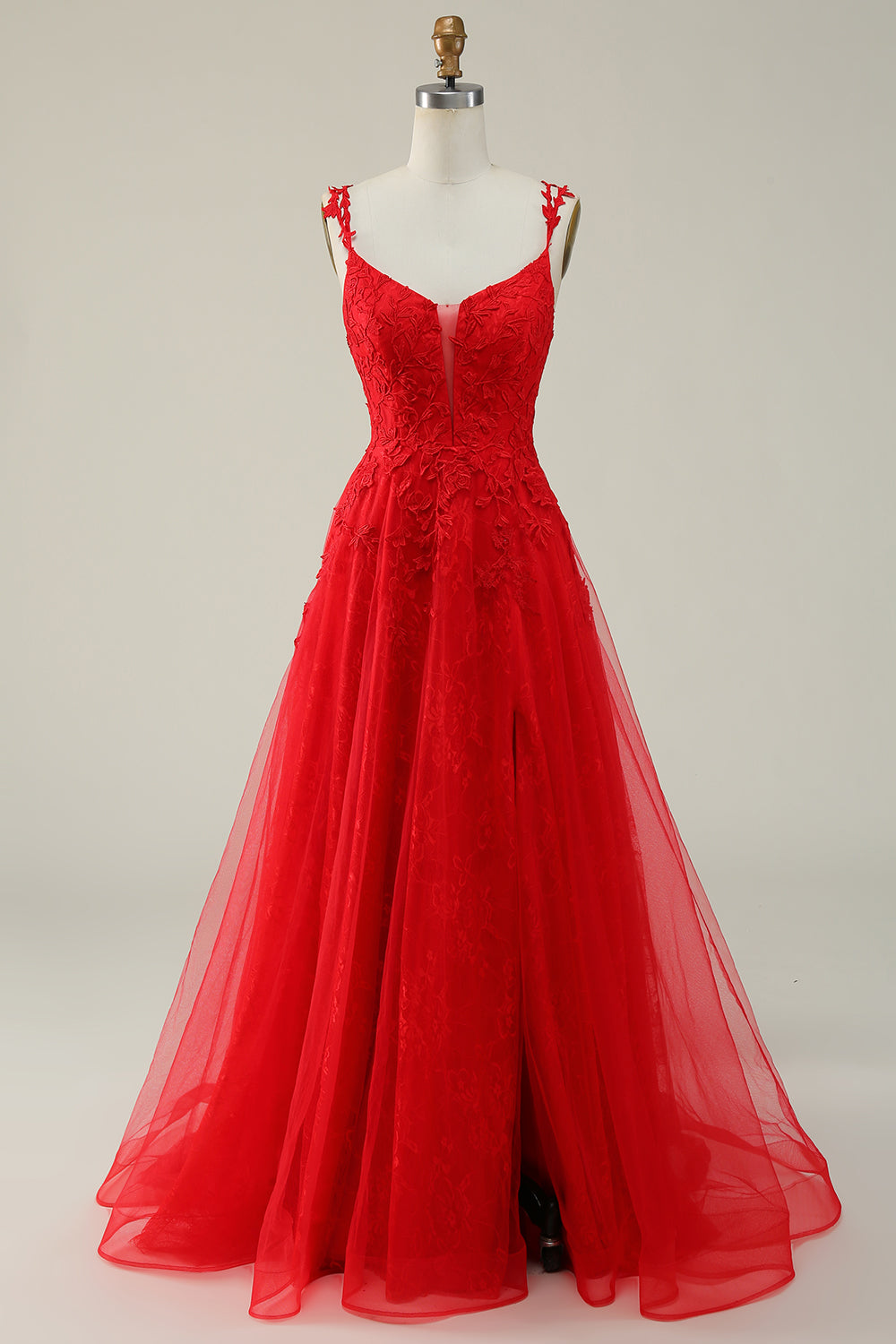 A Line Spaghetti Straps Red Long Ball Dress with Appliques