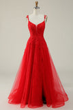 A Line Spaghetti Straps Red Long Ball Dress with Appliques