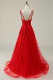 A Line Spaghetti Straps Red Long Ball Dress with Appliques